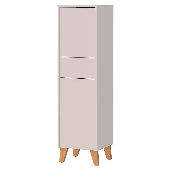 Germania Hochschrank Arnea - B x T x H: 33 x 34 x 123 cm, Kaschmir - Hoher hellgrauer Aufbewahrungsschrank mit einer oberen Tür, einer mittleren Schublade, einer unteren Tür und vier konischen Holzbeinen.