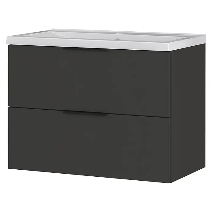 Germania Crandon Waschtisch mit Unterschrank - Höhe: 65 cm, Graphit - Dunkelgrauer Waschtischunterschrank mit zwei Schubladen und integriertem weißen Waschbecken. Mit eleganten schwarzen Griffen.
