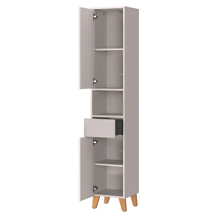 Germania Hochschrank Arnea - B x T x H: 33 x 34 x 181 cm, Kaschmir - Hoher, hellgrauer Schrank mit zwei Türen, offenen Fächern und einer Schublade, auf Holzfüßen stehend.