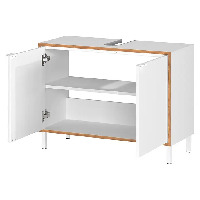 Germania Waschtischunterschrank GW-TOPEKA - B x T x H: 80 x 34 x 60 cm, Weiß/Navarra-Eiche-Nb. - Weißer Badezimmerschrank mit Holzverkleidung, offenen Türen, Innenregalen und einem Ausschnitt für ein Waschbecken.