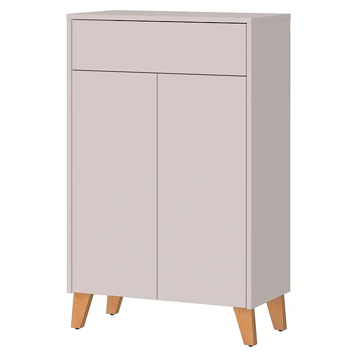 Germania Hochschrank Arnea - B x T x H: 63 x 34 x 101 cm, Kaschmir - Hellgrauer Schrank mit einer Schublade und zwei Türen auf hellen Holzbeinen.