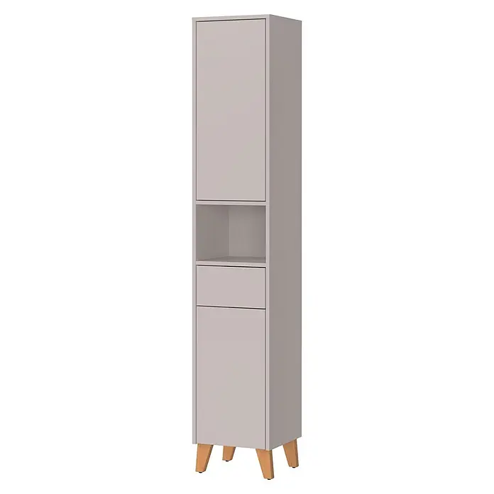 Germania Hochschrank Arnea - B x T x H: 33 x 34 x 181 cm, Kaschmir - Hoher hellgrauer Schrank mit einer Tür, offenem Fach, Schublade und einer weiteren Tür, getragen von Naturholzbeinen.