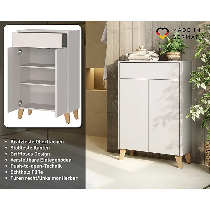 Germania Hochschrank Arnea - B x T x H: 63 x 34 x 101 cm, Kaschmir - Weißer Badschrank mit Schublade, zwei Türen, verstellbaren Einlegeböden und hellen Holzfüßen, offen und im Bad gezeigt.