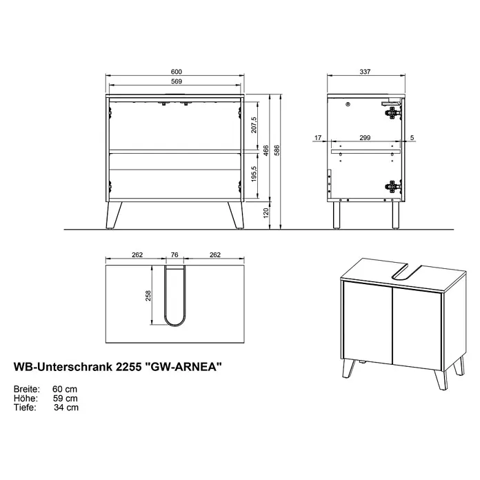 Germania Waschtischunterschrank Arnea - B x T x H: 60 x 34 x 59 cm, Kaschmir - Technische Zeichnung eines Waschtischunterschranks mit zwei Türen, Beinen und U-förmigem Siphon-Ausschnitt. Maße: 60x59x34 cm.