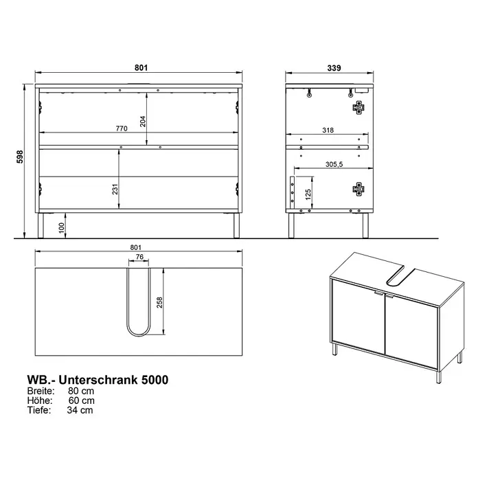 Germania Waschtischunterschrank GW-TOPEKA - B x T x H: 80 x 34 x 60 cm, Weiß/Navarra-Eiche-Nb. - Waschtischunterschrank Zeichnung: B 80cm, H 60cm, T 34cm, mit zwei Türen und Siphonausschnitt.