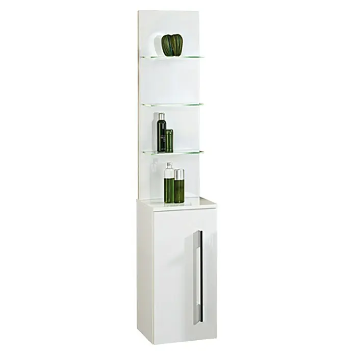 Camargue Stella Seitenschrank - 30,4 x 32,5 x 151,6 cm, Weiß - Weißer Badezimmerschrank mit offenen Glasregalen zur Präsentation von Dekor und Badutensilien. Moderner Stil für Ihr Badezimmer.