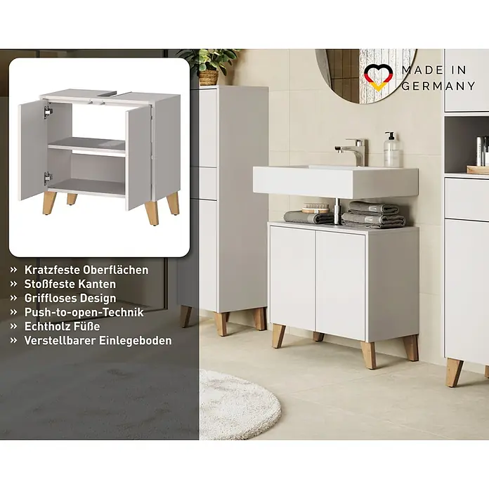 Germania Waschtischunterschrank Arnea - B x T x H: 60 x 34 x 59 cm, Kaschmir - Weißer Badezimmer-Waschtischunterschrank mit Holzfüßen, geöffnet mit Blick auf die Einlegeböden, neben einem Waschbecken in einem modernen Bad.