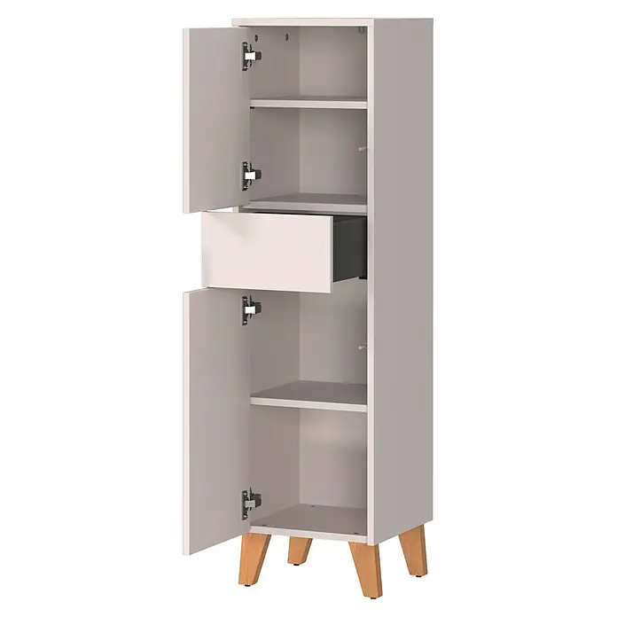 Germania Hochschrank Arnea - B x T x H: 33 x 34 x 123 cm, Kaschmir - Hellgrauer Hochschrank mit offenen Türen, Regalböden und Teilschublade auf konischen Holzbeinen.