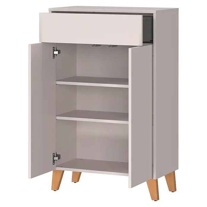 Germania Hochschrank Arnea - B x T x H: 63 x 34 x 101 cm, Kaschmir - Weißer Schrank mit offener oberer Schublade und zwei offenen Türen, die drei Regalböden und Holzbeine zeigen.