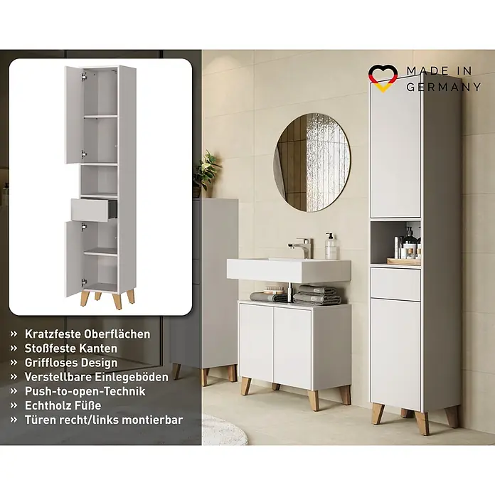 Germania Hochschrank Arnea - B x T x H: 33 x 34 x 181 cm, Kaschmir - Ein hellgraues Badezimmermöbel-Set, bestehend aus einem Hochschrank und einem Waschtischunterschrank mit Echtholzfüßen in einem modernen Bad.