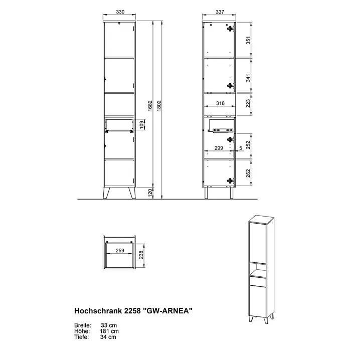 Germania Hochschrank Arnea - B x T x H: 33 x 34 x 181 cm, Kaschmir - Hochschrank mit zwei Türen, offenem Fach und einer Schublade, Maße 33x181x34 cm.