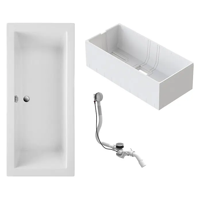 Interpromo Badewanne Balos Komplettset inkl. Wannenträger 170 x 75 x 64 - 170 x 75 cm, Acryl, Weiß - Weiße Rechteck-Badewanne mit Chrom-Überlauf und Ablaufgarnitur, zusammen mit einem weißen Montagrahmen.