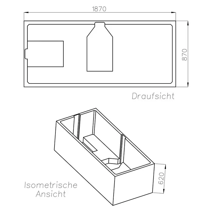 Interpromo Badewanne Balos Komplettset inkl. Wannenträger 190 x 90 x 63 - 190 x 90 cm, Acryl, Weiß - Technische Zeichnung einer Badewanne mit integrierter Sitzstruktur und Maßen.
