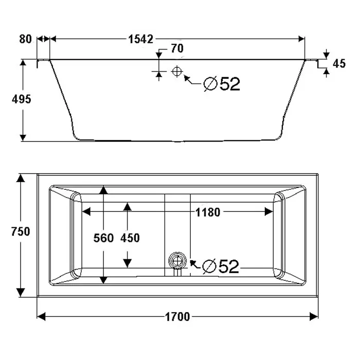 Interpromo Badewanne Balos Komplettset inkl. Wannenträger 170 x 75 x 64 - 170 x 75 cm, Acryl, Weiß - Technische Zeichnung einer rechteckigen weißen Badewanne mit Maßen, Abfluss und Überlauföffnung.