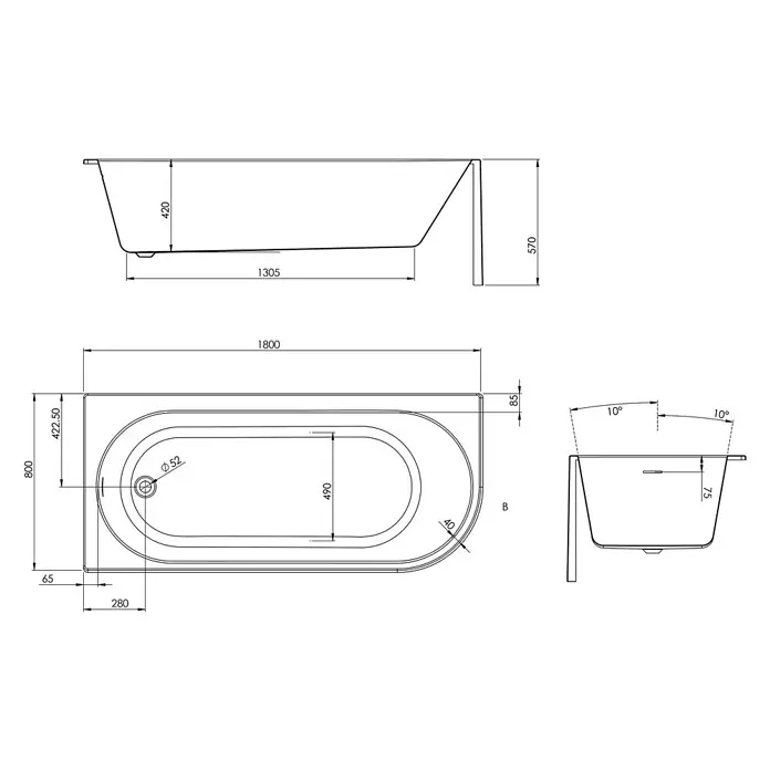Interpromo Badewanne Rio Canto - Acryl, Weiß - Technische Zeichnung einer rechteckigen Badewanne mit Maßen.
