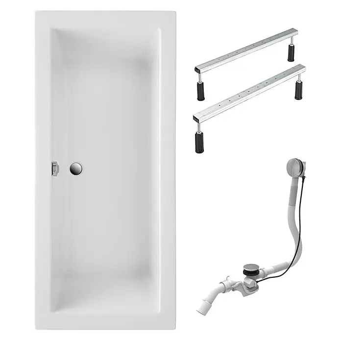 Interpromo Badewanne Balos Komplettset inkl. Fußgestell 170 x 75 x 60 - 170 x 75 cm, Acryl, Weiß - Weiße rechteckige Badewanne mit Chromab-/Überlauf und verstellbaren Metallstützrahmen.