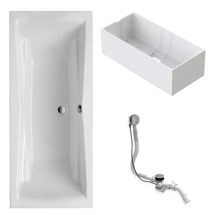 Interpromo Badewanne Idro - Acryl, Weiß - Weiße rechteckige Badewanne, ein weißer Stützrahmen und ein flexibles Wannenablauf- und Überlaufset.