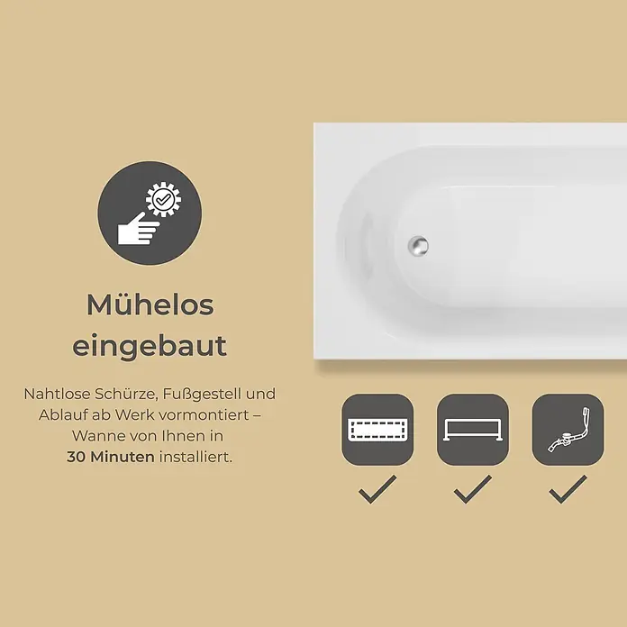 Interpromo Badewanne Rio Canto - Acryl, Weiß - Weiße Badewanne mit vormontierter Schürze, Fußgestell und Ablauf für einfache 30-Minuten-Installation.