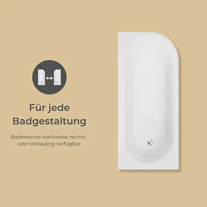 Interpromo Badewanne Rio Canto - Acryl, Weiß - Weiße Badewanne mit silbernem Abfluss, von oben gesehen, betont die reversible links- oder rechtsseitige Installation.