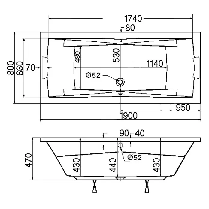 Interpromo Badewanne Idro - Acryl, Weiß - Technische Zeichnung einer Badewanne mit Drauf- und Seitenansicht, inklusive Maßen und Ablaufloch-Durchmesser (52mm).