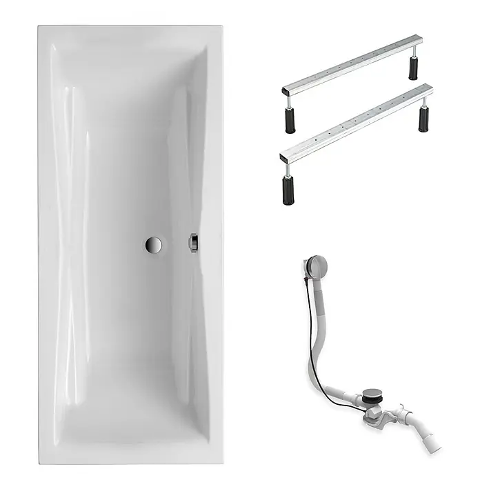 Interpromo Badewanne Idro - Acryl, Weiß - Weiße Rechteckbadewanne mit verstellbarem Metallgestell und Ab-/Überlaufgarnitur.