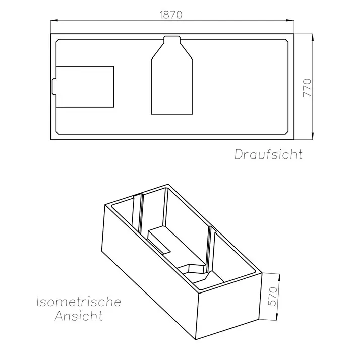 Interpromo Badewanne Idro - Acryl, Weiß - Technische Zeichnung einer Badewanne mit ergonomischen Innenflächen und Maßen: 1870x770x570mm.