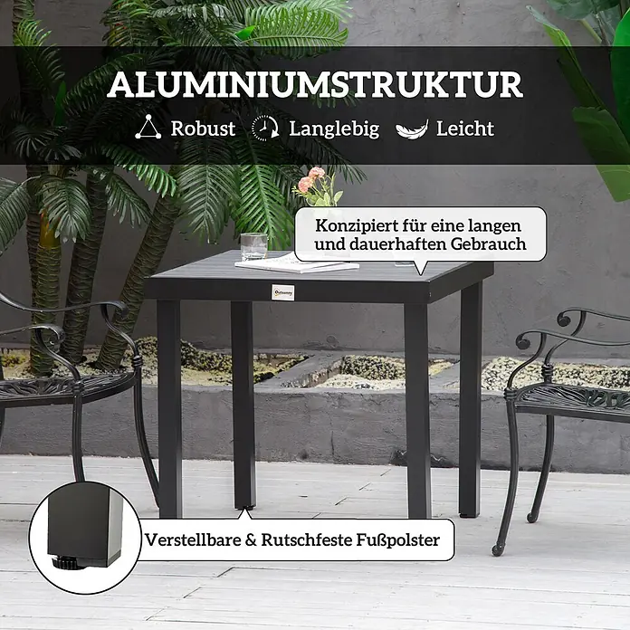 Outsunny Balkontisch für 4 Personen - L x B x H: 78 x 78 x 74 cm, Aluminium, Kunststoff, Quadratisch, Schwarz - Schwarzer Aluminium-Gartentisch mit verstellbaren rutschfesten Füßen, für dauerhaften Gebrauch. Auf der Terrasse mit Stühlen.