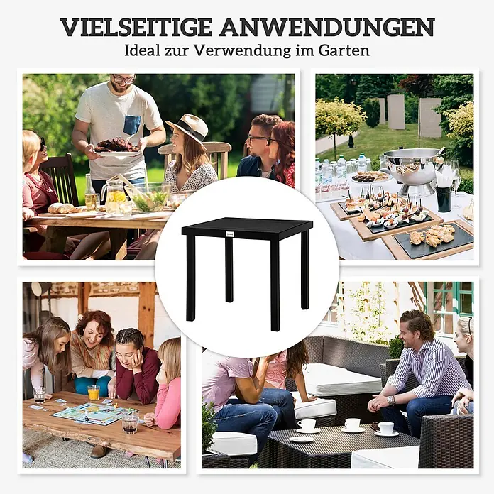 Outsunny Balkontisch für 4 Personen - L x B x H: 78 x 78 x 74 cm, Aluminium, Kunststoff, Quadratisch, Schwarz - Vielseitiger schwarzer quadratischer Tisch für Garten-, Ess- und Lounge-Bereiche.