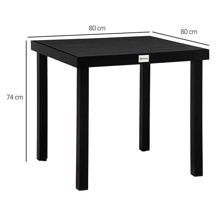 Outsunny Balkontisch für 4 Personen - L x B x H: 78 x 78 x 74 cm, Aluminium, Kunststoff, Quadratisch, Schwarz - Schwarzer quadratischer Outdoor-Tisch mit Lattenplatte, 80x80x74 cm.