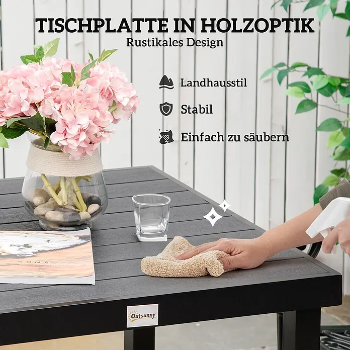 Outsunny Balkontisch für 4 Personen - L x B x H: 78 x 78 x 74 cm, Aluminium, Kunststoff, Quadratisch, Schwarz - Dunkelgrauer Gartentisch mit Holzoptik-Oberfläche im rustikalen Design. Eine Hand reinigt die stabile und pflegeleichte Tischplatte.