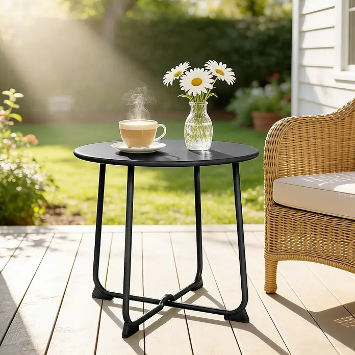 Outsunny Balkontisch rund - Ø x H: 50 x 45,5 cm, Metall, Schwarz - Schwarzer runder Metall-Beistelltisch auf einer Terrasse, mit dampfender Kaffeetasse und Gänseblümchenvase, neben einem Korbsessel.