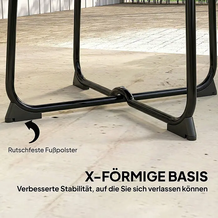 Outsunny Balkontisch rund - Ø x H: 50 x 45,5 cm, Metall, Schwarz - Schwarzes X-förmiges Möbelgestell aus Metall mit rutschfesten Fußpolstern für verbesserte Stabilität auf einer Terrasse.