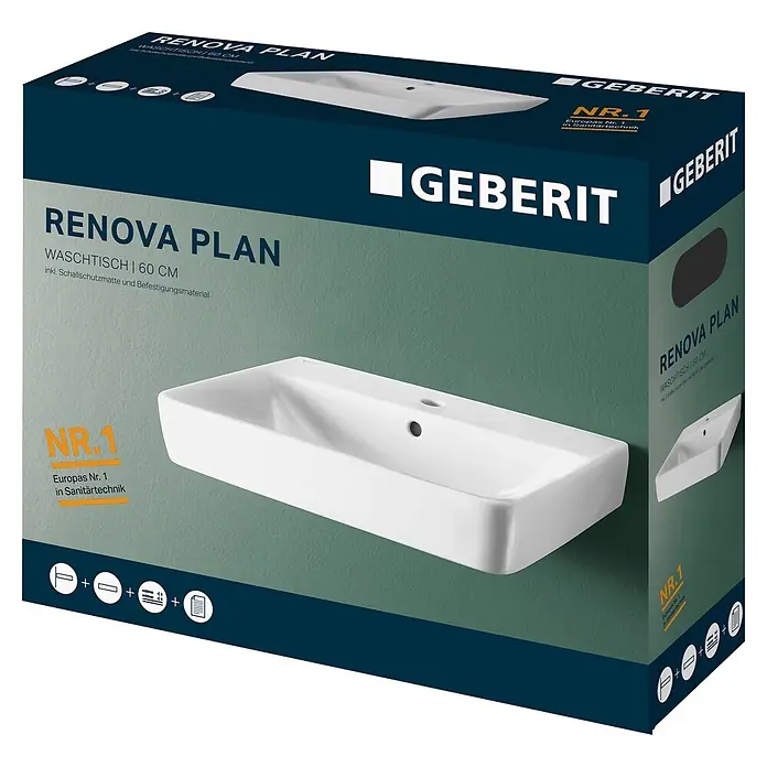 Geberit Renova Plan Waschtisch-Set - 60 x 48 cm, Ohne Spezialglasur, Hahnloch: Mitte, Mit Überlauf, Weiß - Weißes Keramik-Waschtisch (60 cm) auf der dunkelblauen und grünen Geberit Renova Plan Verpackung.