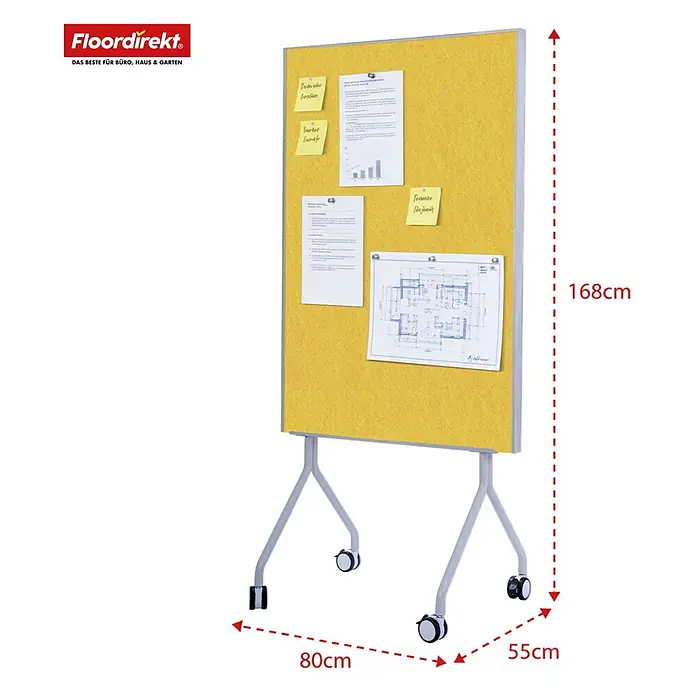 Pinnwand Präsentationstafel Giant - 120 x 80 cm, Filz, Gelb - Gelbe mobile Pinnwand mit grauem Stand und Rollen, zeigt angepinnte Dokumente. Maße: 168cm H, 80cm B, 55cm T.