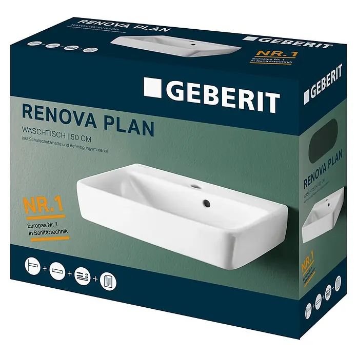Geberit Renova Plan Waschbecken-Set - 50 x 38 cm, Ohne Spezialglasur, Hahnloch: Mitte, Mit Überlauf, Weiß - Weißes Keramik-Waschbecken in seiner Markenverpackung.