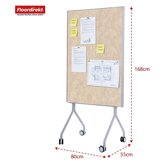 Pinnwand Präsentationstafel Giant - 120 x 80 cm, Filz, Beige - Mobile Korktafel mit hellbrauner Oberfläche auf grauem Rollständer, 168x80x55 cm.