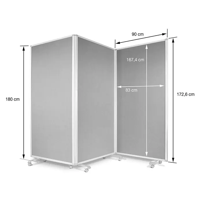 Pinnwand Filz-Stellwand - 270 x 180 cm, Grau - Mobiler grauer Raumteiler mit drei Stoffpaneelen und weißem Rahmen auf Rollen.