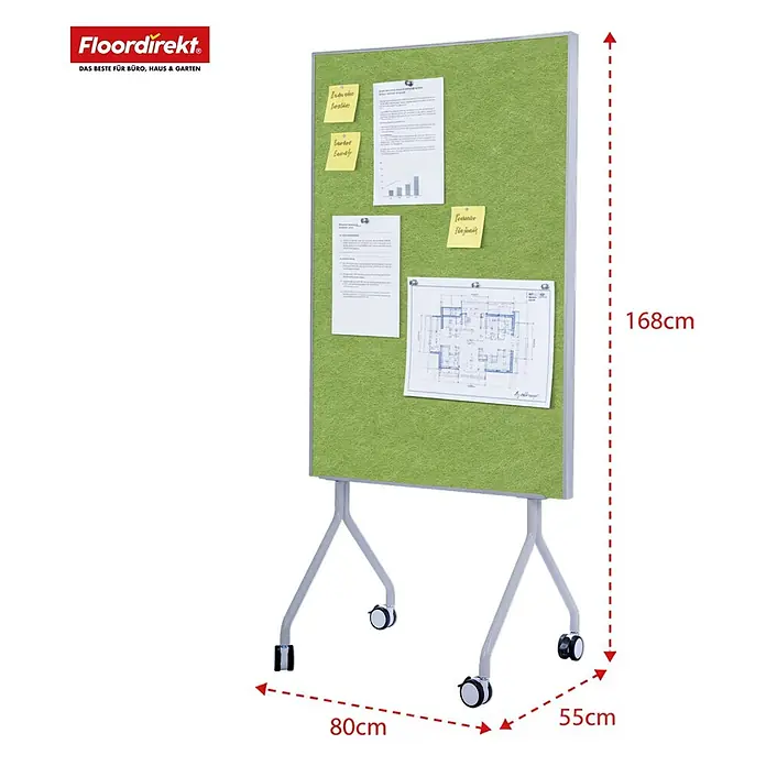 Pinnwand Präsentationstafel Giant - 120 x 80 cm, Filz, Grün - Grünes Filz-Pinboard auf Rollständer, mobil, zur Präsentation von Notizen und Dokumenten.