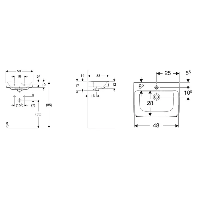 Geberit Renova Plan Waschbecken-Set - 50 x 38 cm, Ohne Spezialglasur, Hahnloch: Mitte, Mit Überlauf, Weiß - Technisches Datenblatt eines Keramikwaschbeckens mit Draufsicht, Vorderansicht und Seitenansicht sowie detaillierten Maßen.