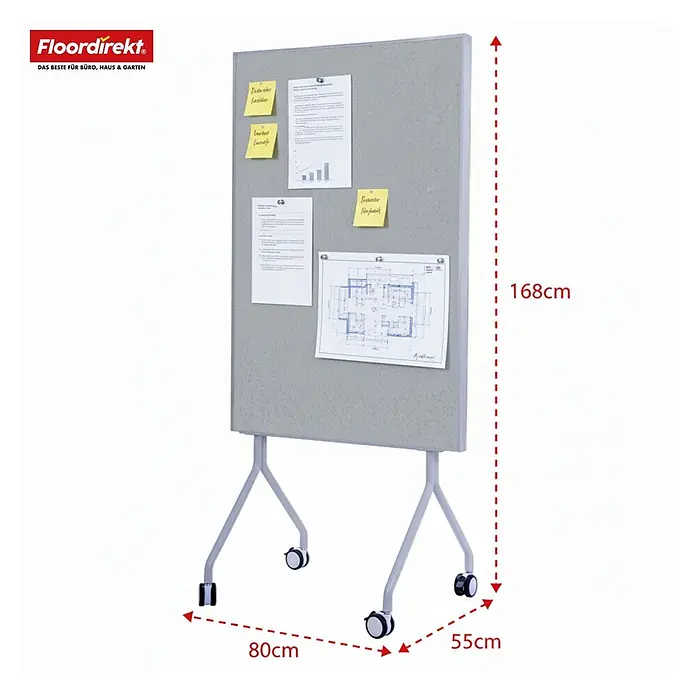 Pinnwand Präsentationstafel Giant - 120 x 80 cm, Filz, Grau - Mobiles graues Filz-Pinnwand auf hellgrauen Rollbeinen, 168 cm hoch, 80 cm breit und 55 cm tief.