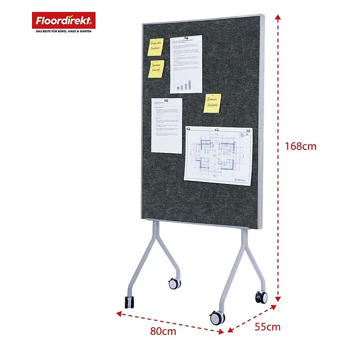 Pinnwand Präsentationstafel Giant - 120 x 80 cm, Filz, Schwarz - Mobiles dunkelgraues Filz-Pinboard auf hellgrauem Metallgestell mit Rollen. Maße: 168cm H, 80cm B, 55cm T.