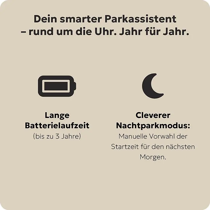 Needit Elektrische Parkscheibe Automatisch Park Lite -  - Funktionen eines smarten Parkassistenten: lange Batterielaufzeit (bis zu 3 Jahre) und Nachtparkmodus mit manueller Startzeitauswahl.