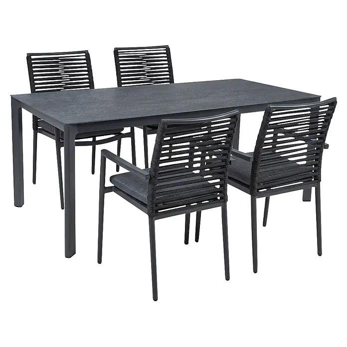 Acamp Gartenmöbel-Set New Jersey - 5 -tlg., Aluminium, Anthrazit - Dunkelgrauer rechteckiger Outdoor-Esstisch mit vier Stühlen mit geflochtenen Rückenlehnen und Sitzkissen.