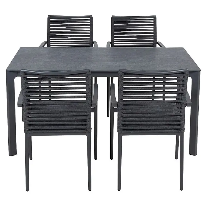 Acamp Gartenmöbel-Set New Jersey - 5 -tlg., Aluminium, Anthrazit - Grauer rechteckiger Esstisch mit vier passenden Stühlen mit geflochtenen Seillehnen und -sitzen.