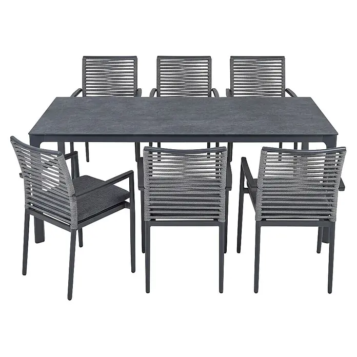 Acamp Gartenmöbel-Set New Jersey - 7 -tlg., Aluminium, Anthrazit - Dunkelgraue Outdoor-Essgruppe mit rechteckigem Tisch und sechs Stühlen mit seilgeflochtenen Lehnen, Armlehnen und dunkelgrauen Polstern.