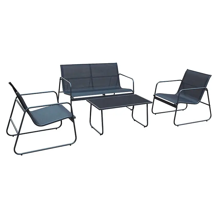 Acamp Loungemöbel-Set Rhodos - 4 -tlg., Anthrazit, Stahl - Dunkelgraues Outdoor-Möbelset aus Metall und Netzgewebe mit zwei Sesseln, einer Zweisitzerbank und einem Couchtisch.