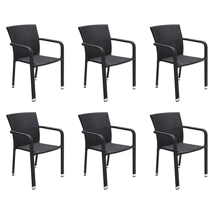Acamp Stapelsessel Carlos - 6 -tlg., Schwarz, L x B x H: 64 mm x 57 cm x 84 mm - Sechs schwarze geflochtene Rattansessel mit silbernen Beinabschlüssen.