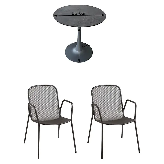 Acamp Gartenmöbel-Set Alfredo/Tulip - 3 -tlg., Stahl, HPL, Anthrazit - Dunkelgrauer runder Bistrotisch (70cm Durchmesser, 72cm hoch) mit zwei passenden dunkelgrauen Netz-Gartensesseln.