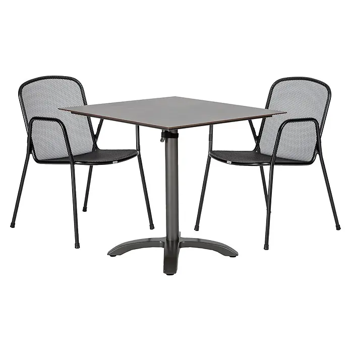 Acamp Gartenmöbel-Set Alfredo/Acaplan - 3 -tlg., Aluminium, Anthrazit - Ein quadratischer grauer Metalltisch mit Mittelsäulenfuß und zwei schwarzen Metallgitterstühlen mit Armlehnen.