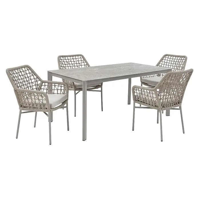 Acamp Gartenmöbel-Set Rom/Rom - 5 -tlg., Aluminium, TexRope, Grau,Beige - Grauer Esstisch in Steinoptik und vier hellgraue Stühle aus geflochtenem Seil mit Kissen für den Außenbereich.